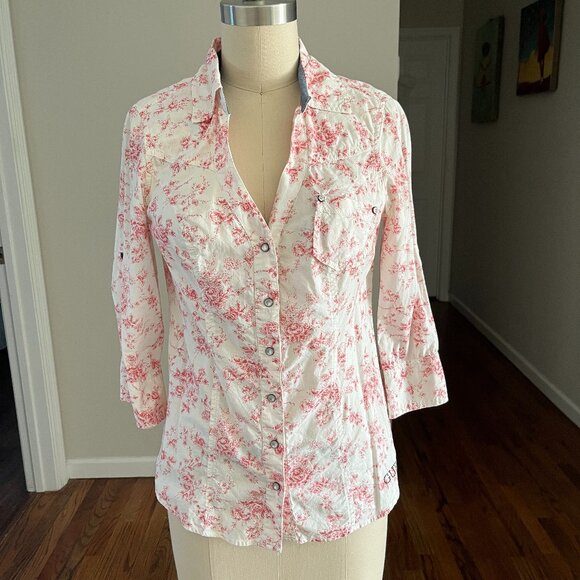 GUESS Los Angeles Women's Ivory/Pink Floral Snap closure Roll up Sleeves Top S - Picture 1 of 11